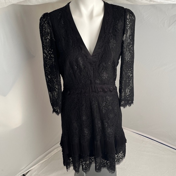 Diane Von Furstenberg Adrina black lace long sleeve v-neck cocktail dress 8